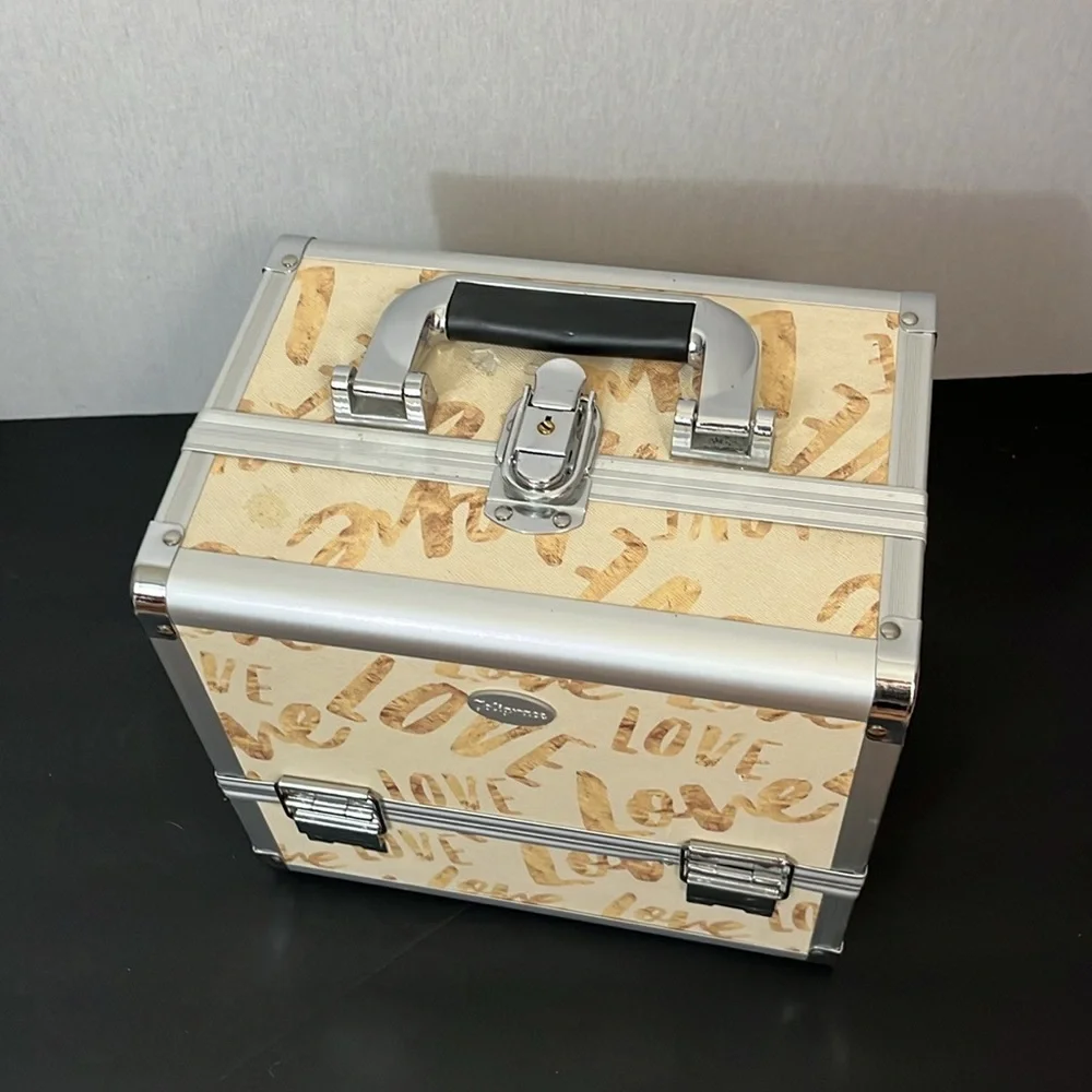 JoliGrace Beige Love Makeup Case Cosmetic Organizer Jewelry Traincase